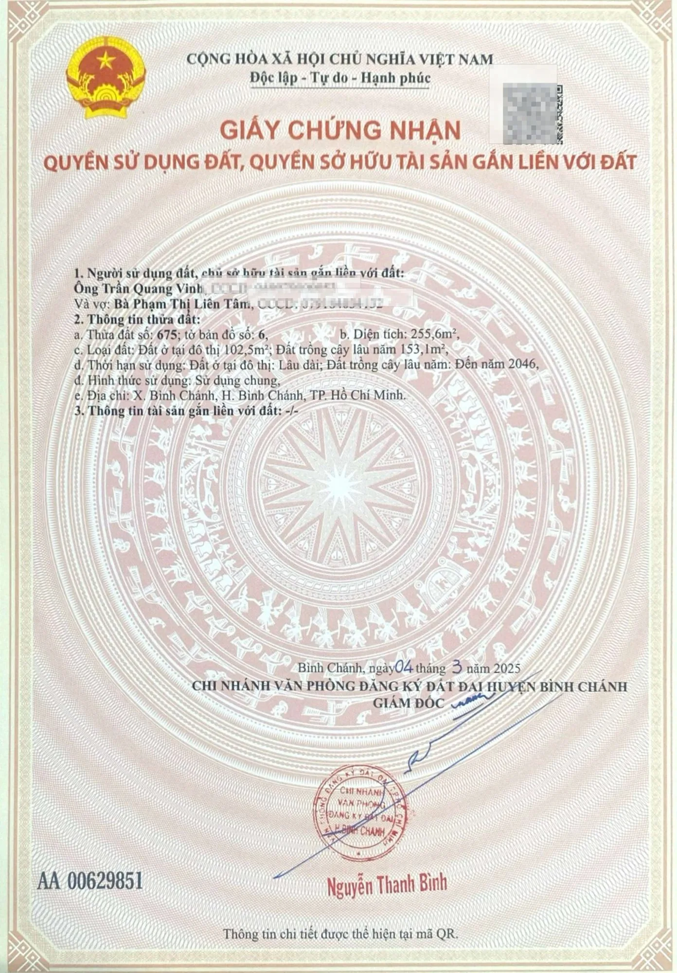 Sổ đỏ — Giấy chứng nhận QSDĐ thửa 675